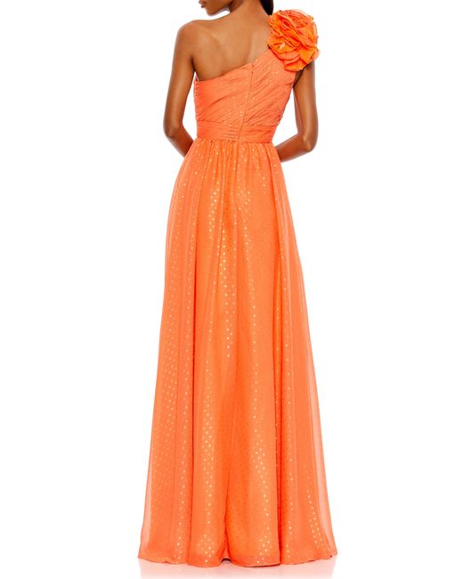 Mac Duggal Orange Rosette Metallic Dot One-shoulder Chiffon Gown