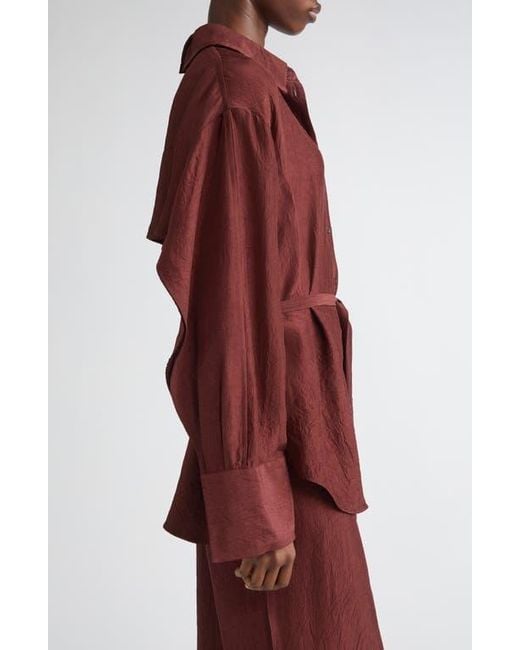 Jason Wu Red Oversize Belted Crinkled Satin Button-Up Top