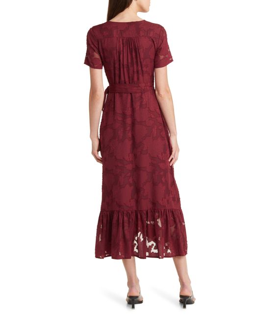 Lulus Red Blissfully Floral Jacquard Midi Wrap Dress