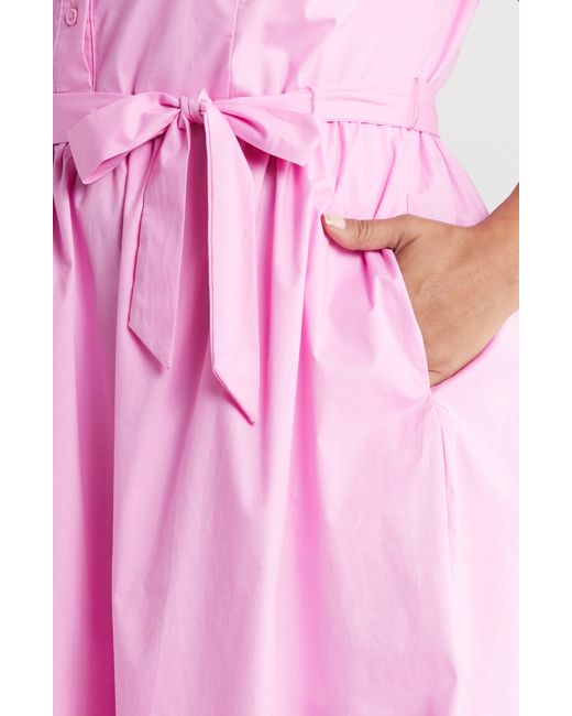 Maggy London Pink Tie Waist Sleeveless Stretch Poplin Shirtdress