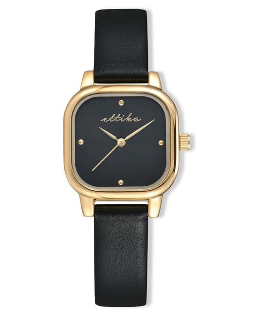 Ettika Black Classic Square Leather Strap Watch