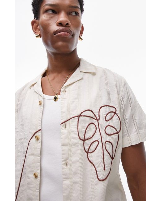 Topman White Floral Embroidered Textured Cotton Camp Shirt for men