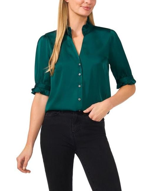 Cece Frill Cuff Satin Button-Up Shirt in Green | Lyst