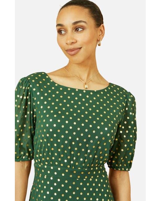 Yumi' Green Foil Spot Midi Dress With Scoop Back
