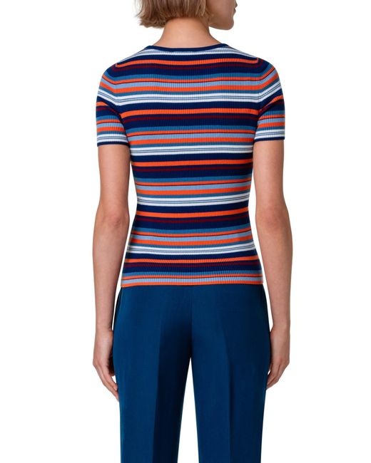 Akris Punto Blue Stripe Short Sleeve Virgin Wool Sweater