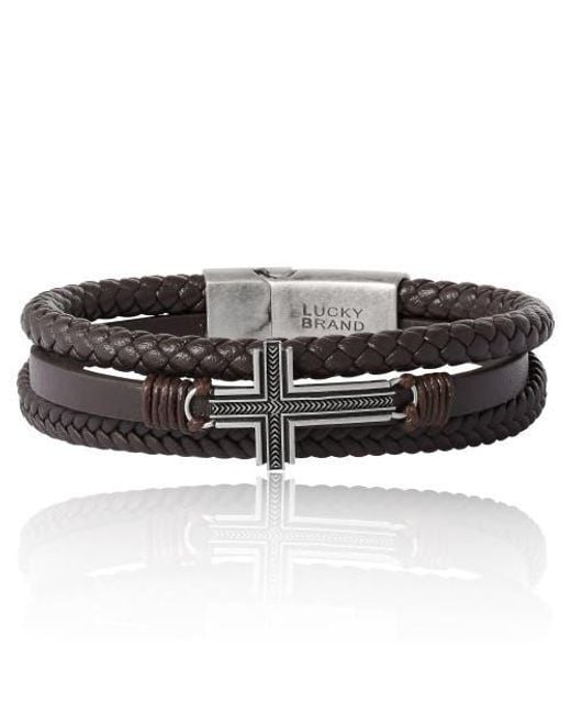 Lucky Brand Black Braided Leather Bracelet With Cross for men