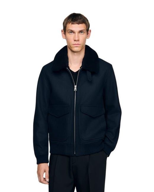 Sandro Blue Wool Aviator Jacket With Shearling for men