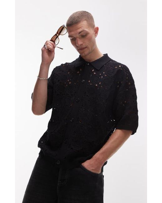 Topman Black Relaxed Openwork Floral Short Sleeve Button-Up Shirt for men
