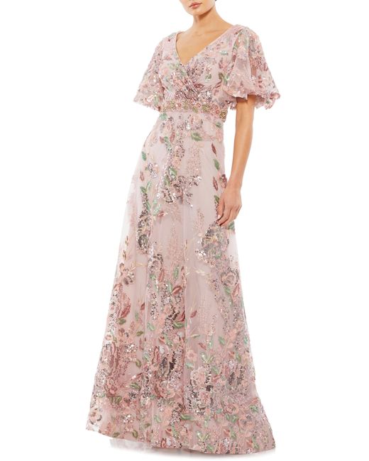 Mac Duggal Pink Sequin Floral Butterfly Sleeve A-line Gown