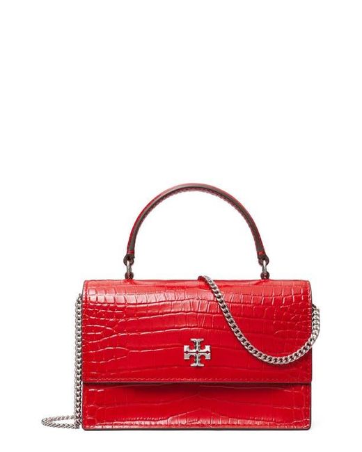 Tory Burch Red Mini Kira Croc Embossed Leather Top Handle Bag