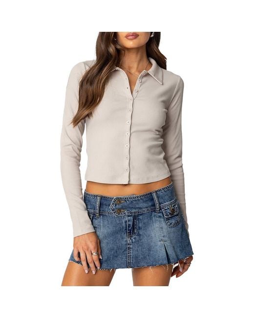 Edikted Gray Darin Button-Up Rib Crop Top