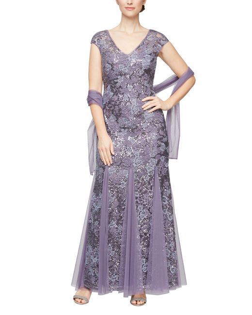 Alex Evenings Purple Sequin Embroidered Trumpet Gown