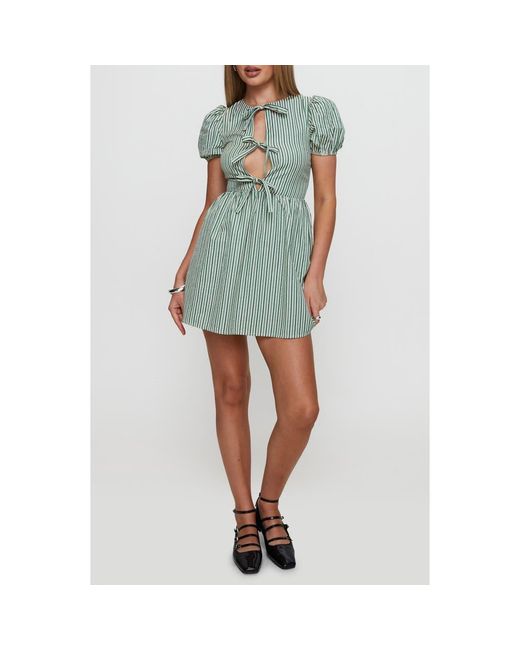 Princess Polly Blue Nurture Tie Front Puff Sleeve Cotton Blend Minidress