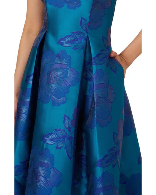 Adrianna Papell Blue Floral Jacquard One-shoulder Gown