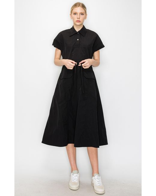 MELLODAY Black Drawstring Waist Midi Shirtdress