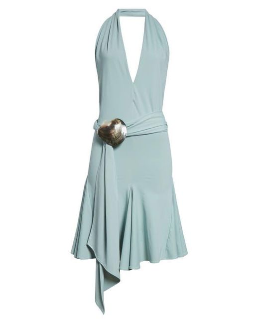 Conner Ives Blue Mother-Of-Pearl Shell Sash Belt Halter Dress
