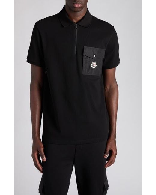Moncler Black Logo Patch Pocket Zip Polo for men