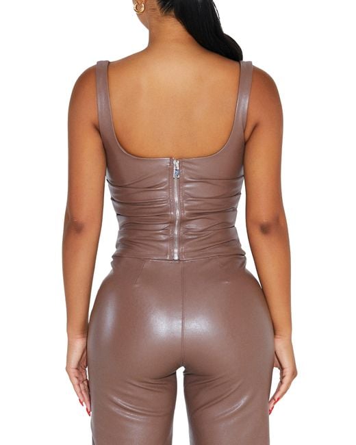 Naked Wardrobe Glitter Square Neck Faux Leather Top In Brown Lyst