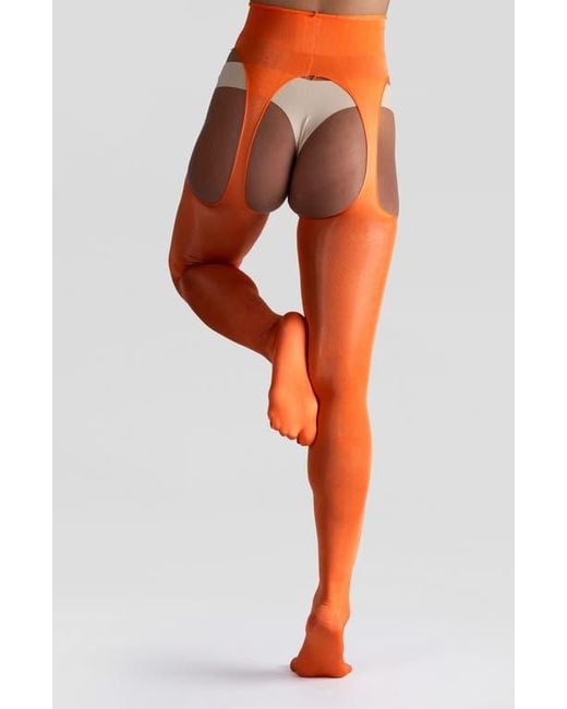 LECHERY Orange Lustrous Silky Shiny Sheer Suspender Crotchless Tights