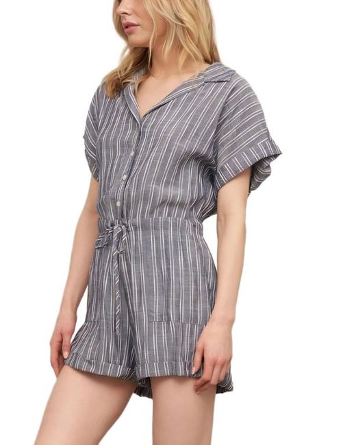 Knit & Lounge Gray Striped Button Front Drawstring Waist Short Sleeve Cuffed Hem Romper