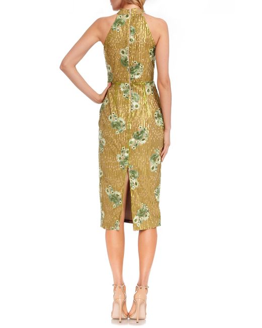 Badgley Mischka Yellow Floral Embroidery Sequin Sheath Dress
