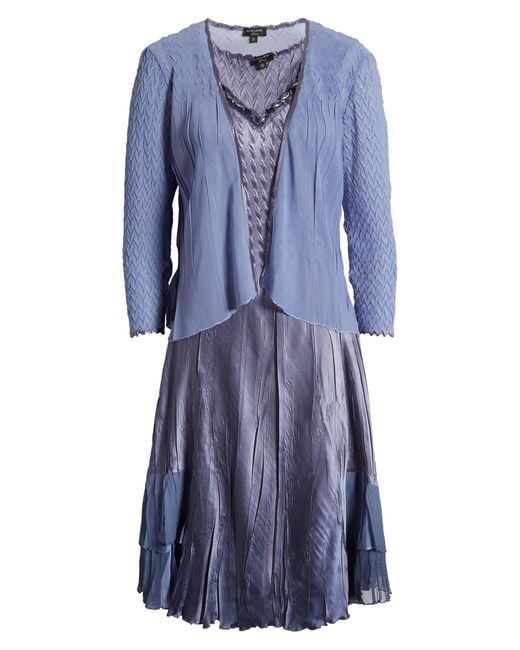 Komarov Blue Beaded V-neck Charmeuse Dress With Chiffon Jacket