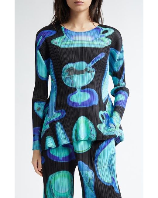 Pleats Please Issey Miyake Blue Thermal Floods Print Pleated Top