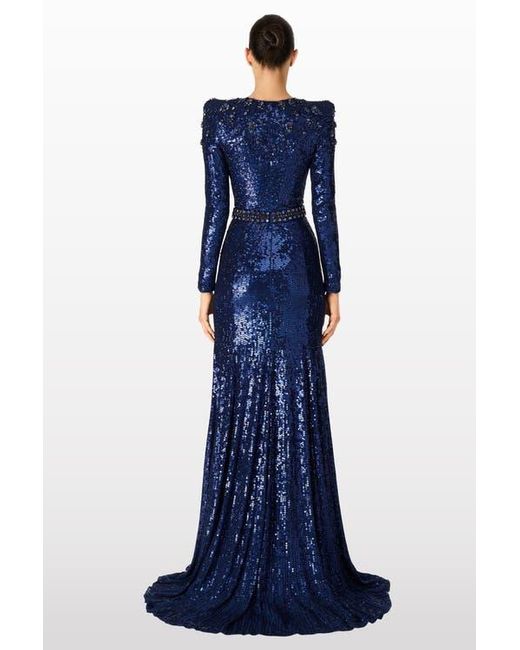 Jenny Packham Blue Georgia Sequined Long-Sleeve Gown