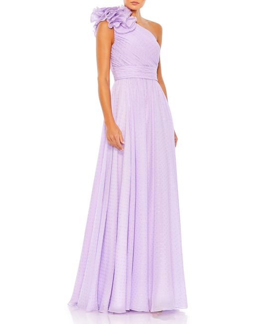 Mac Duggal Purple Rosette Metallic Dot One-shoulder Chiffon Gown