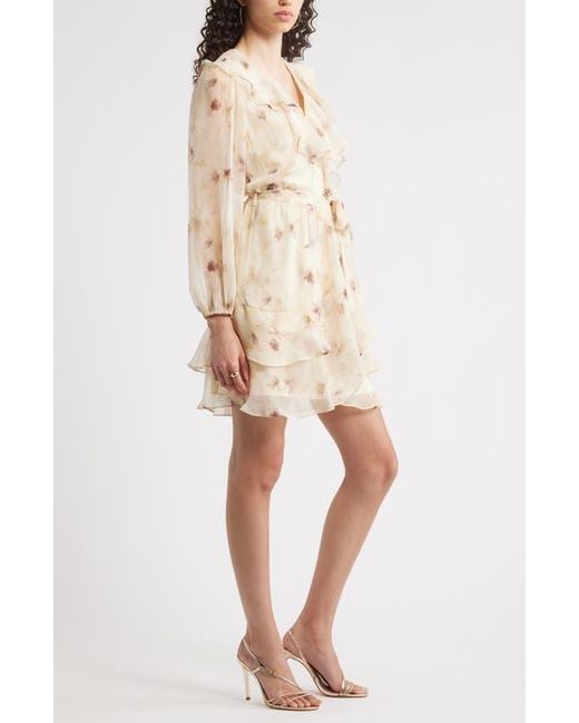 Chelsea28 Natural Floral Ruffle Trim Long Sleeve Chiffon Minidress