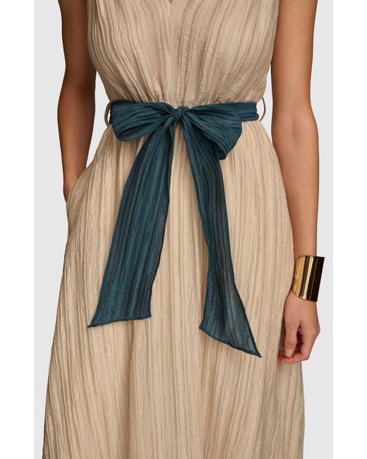 Donna Karan Natural Tie Waist Plissé Fit & Flare Dress