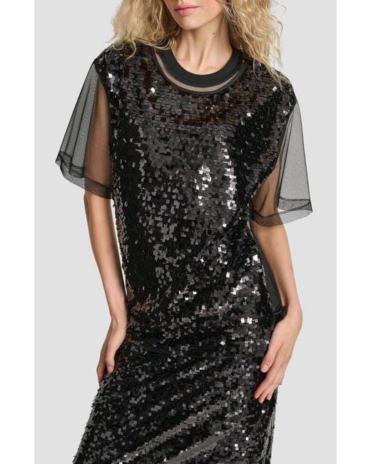 DKNY Black Layered Mesh Sequin Top