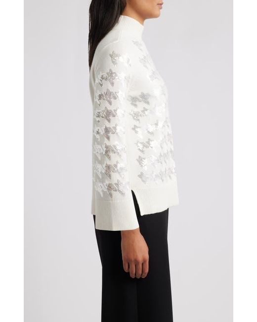 Anne Klein White Sequin Houndstooth Mock Neck Sweater