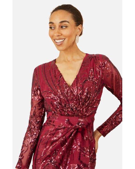 Yumi' Red Sequin Midi Long Sleeve Wrap Dress