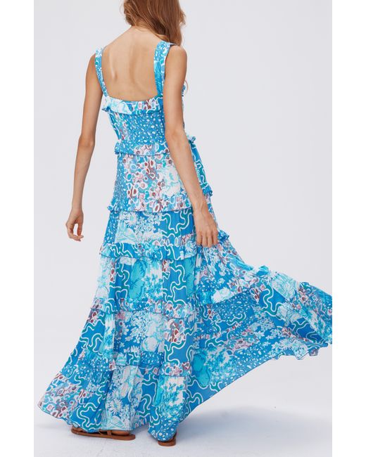 Diane von Furstenberg Blue Shawn Abstract Print Tiered Maxi Dress