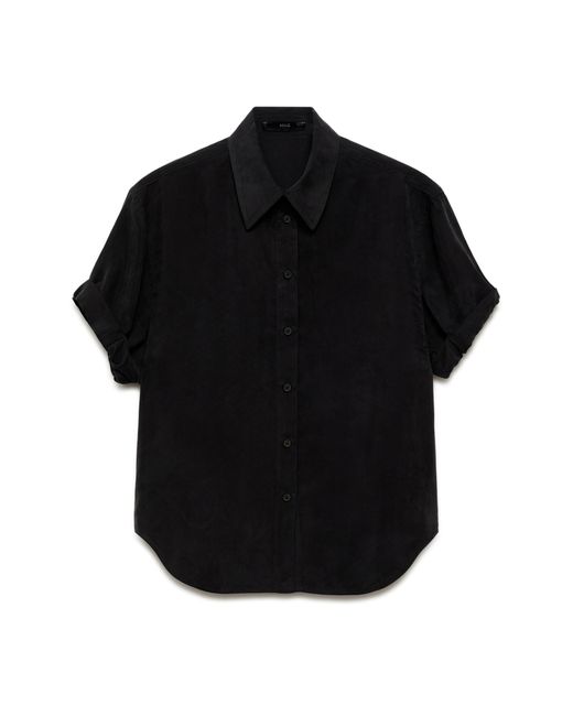 Mango Black Solid Short Sleeve Cupro Blend Button-Up Shirt