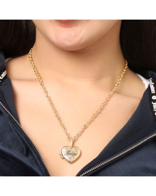Juicy Couture Metallic Tone Crystal Heart Locket Pendant Necklace
