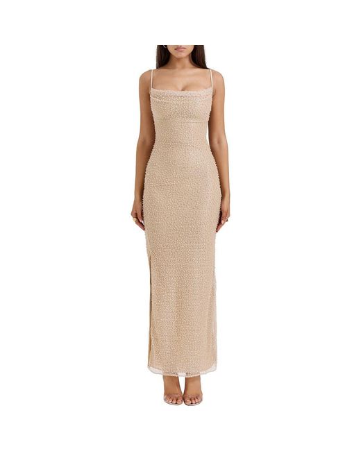House Of Cb Natural Calla Beaded Mesh Overlay Gown