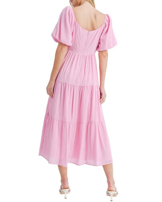 All In Favor Pink Puff Sleeve Tiered Midi Dress In At Nordstrom, Size Medium
