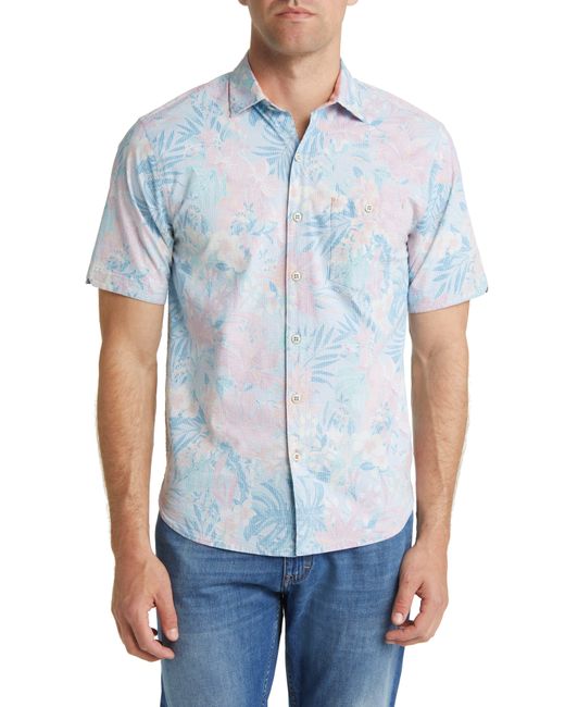 Tommy Bahama Blue Nova Wave Falling Fronds Floral Stretch Seersucker Short Sleeve Button-up Shirt for men