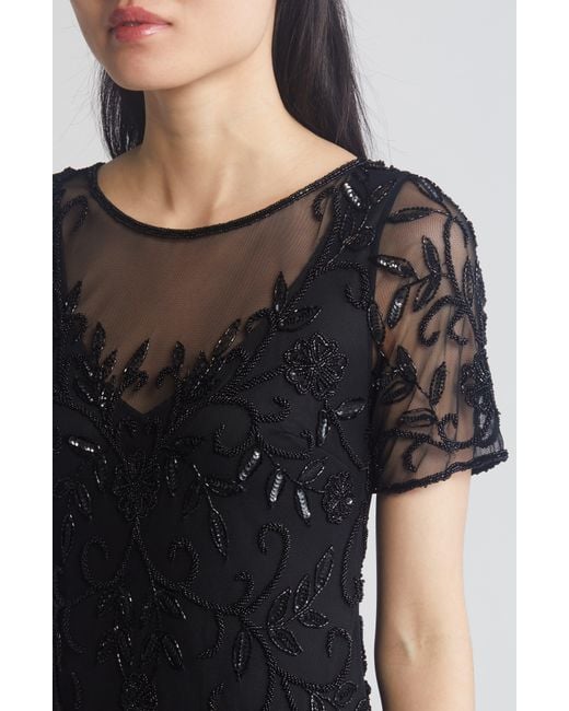 Pisarro Nights Black Floral Beaded Short Sleeve A-line Gown