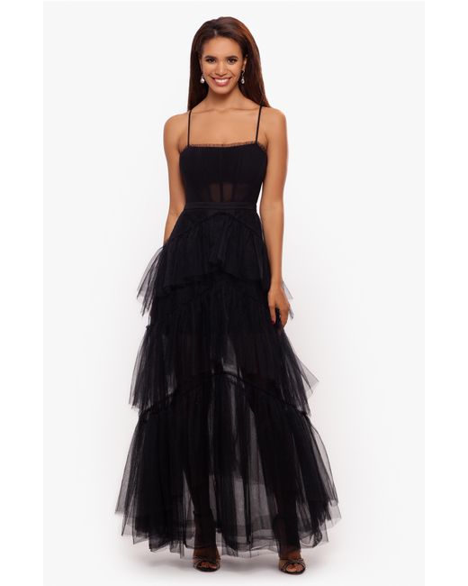 Betsy & Adam Black Tiered Tulle Ruffle Gown