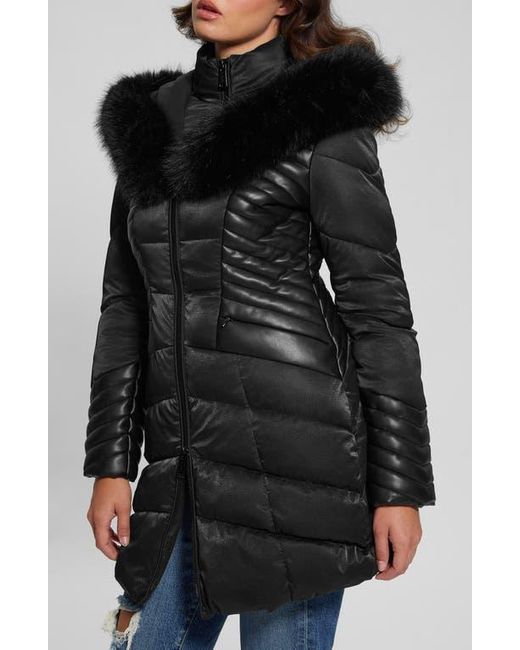 Guess Black New Oxana Mixed Media Puffer Coat