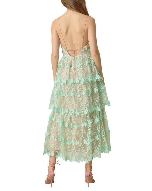Endless Rose Green Floral Embroidered Tiered Lace Midi Dress