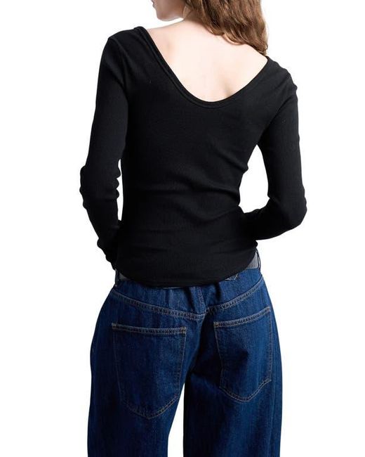 TOPSHOP Black Double V-Neck Long Sleeve Stretch Cotton Rib Top