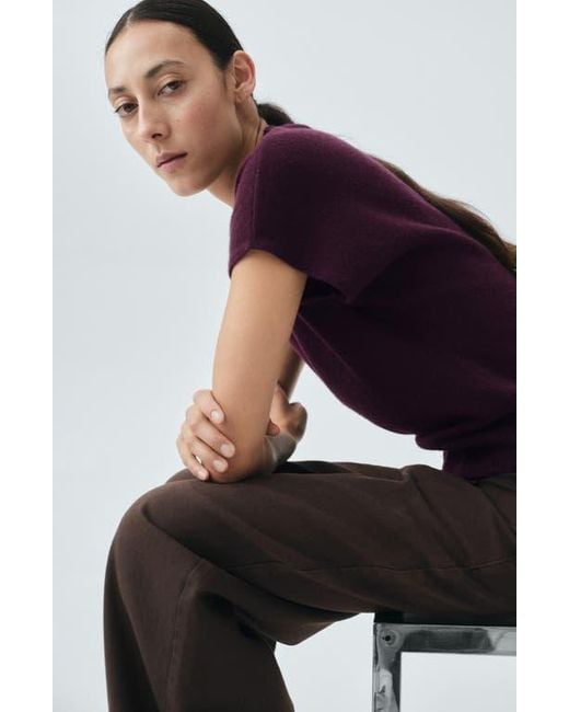 Mango Purple Mock Neck Short Sleeve Wool & Cashmere Sweater