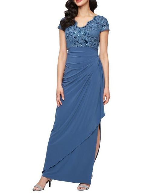 Alex Evenings Blue Sequin Embroidered Ruched Gown