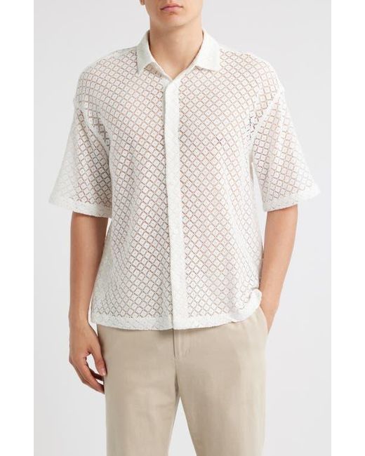 Open Edit White Oversize Texture Short Sleeve Button-Up Shirt for men