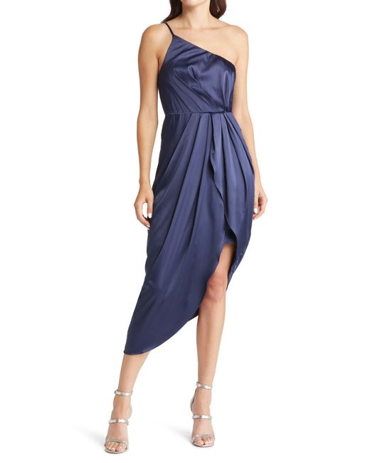 Lulus Blue Law Of Attraction On-shoulder Satin Cocktail Dress