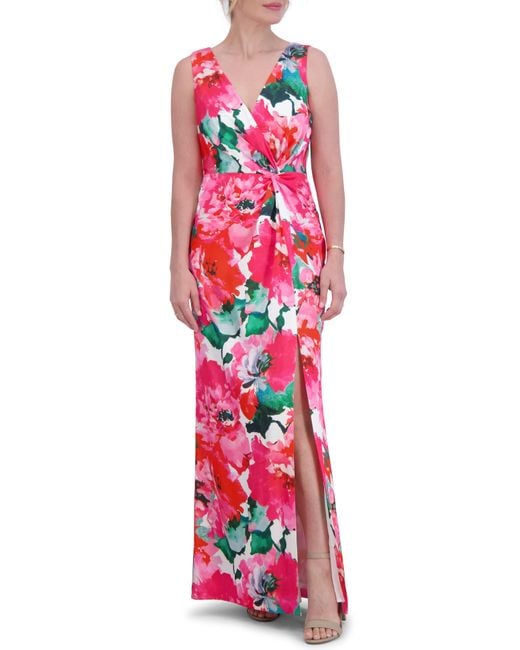 Eliza J Red Floral Twist Front Sleeveless Gown